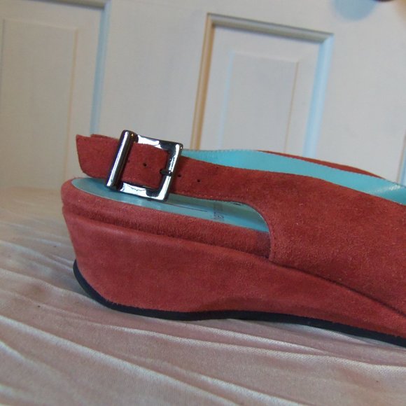Thierry Rabotin Coral Red Suede Peep Toe Slingbacks sz 38 - Picture 5 of 9